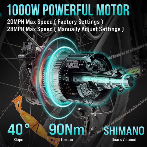 Electric Bike for Adults 1000W, 48V 17.5AH Battery Adult Electric Bicycles, 26 Fat Tire Full Suspension Ebike, 28MPH Mountain Beach E Bike, 7 Speed, 60Miles Range, UL Certified - Image 9
