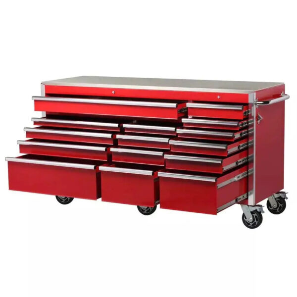 Heavy-Duty 72 in. W x 24 in. D 15-Drawer Tool Chest Mobile Workbench with Stainless Steel Top and Dual Locks in Red - Image 2
