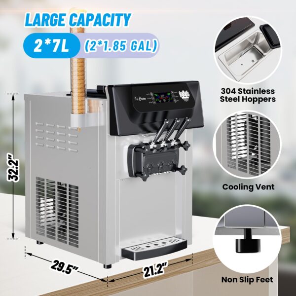 2200W Commercial Ice Cream Machine, 3 Flavor Soft Serve Ice Cream Machine, 5.3-7.4 Gal/Hr, with LCD Touch Screen, Automatic Cleaning, High Productivity for Home Snack Bar & Restaurants - Image 13