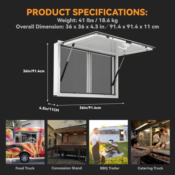 Concession Window 36W x 36H Aluminum Alloy Food Truck Service Window with Sliding Screens & Awning Door, Hydraulic Lift, Locking Mechanism, Versatile for Catering - Image 10