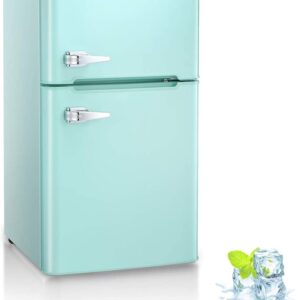 3.2 Cu.ft Compact Double Door Refrigerator with Freezer, Freestanding Mini Fridge with Top Door Upright Freezer for Home,Dorm,Office or RV with Removable Glass Shelves (Green)