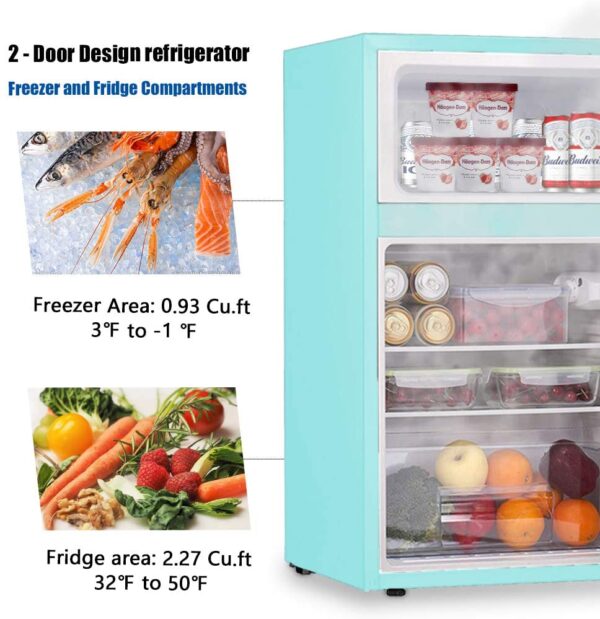3.2 Cu.ft Compact Double Door Refrigerator with Freezer, Freestanding Mini Fridge with Top Door Upright Freezer for Home,Dorm,Office or RV with Removable Glass Shelves (Green) - Image 6