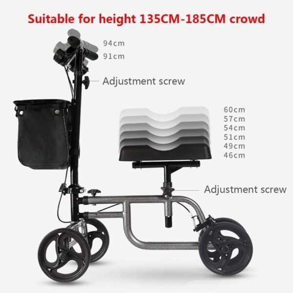 4 Wheels Knee Scooter Walker, All Terrain Rolling Steerable Adjusted Height Walking Aid with Storage Bags - Image 4