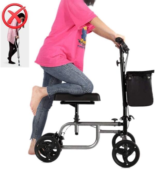 4 Wheels Knee Scooter Walker, All Terrain Rolling Steerable Adjusted Height Walking Aid with Storage Bags - Image 5