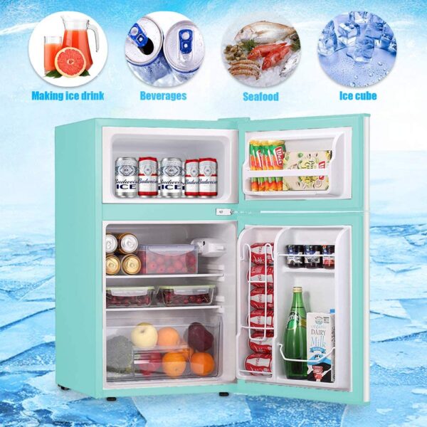 3.2 Cu.ft Compact Double Door Refrigerator with Freezer, Freestanding Mini Fridge with Top Door Upright Freezer for Home,Dorm,Office or RV with Removable Glass Shelves (Green) - Image 4