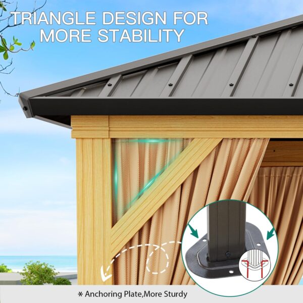 10X13 FT Outdoor Galvanised Steel Hardtop Gazebo, Heavy Duty Double Roof Outdoor Gazebo with Netting and Sunshade Curtains, Aluminium Framed Gazebo for Patio, Terrace, Lawn and Deck, Khaki - Image 14