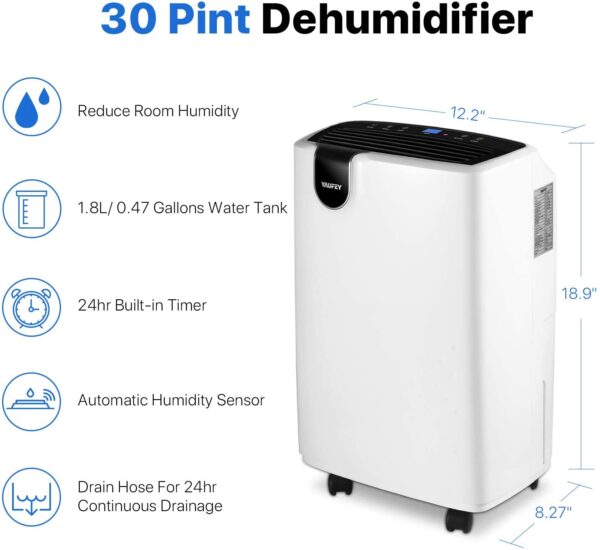 30 Pint Dehumidifier for Home Basements Bedroom Garage, Mid-Size Portable with Continuous Drain Hose Outlet and Wheel, 4 Gallons/Day Intelligent Humidity Control for Space Up to 1500 Sq Ft - Image 8