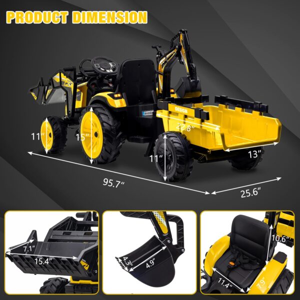 3-in-1 Ride-On Tractor, 24V Electric, Excavator & Bulldozer, Remote Control, LED, Music, USB/Bluetooth max 66 lbs – Bright-yellow - Image 15