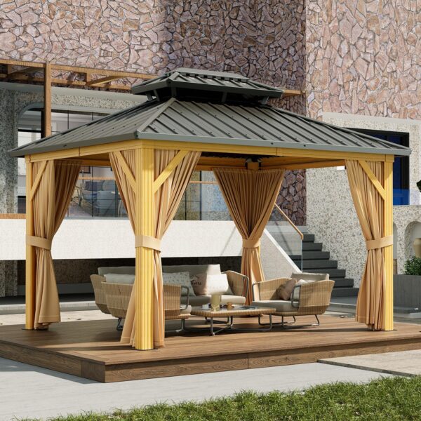 10X13 FT Outdoor Galvanised Steel Hardtop Gazebo, Heavy Duty Double Roof Outdoor Gazebo with Netting and Sunshade Curtains, Aluminium Framed Gazebo for Patio, Terrace, Lawn and Deck, Khaki - Image 9