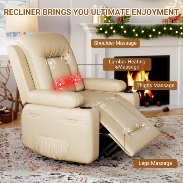 PU Leather Power Lift Recliner Chair With Massage and Heat, Adjustable Furniture for Back, Legs w/ 3 Positions, Usb Port, Side Pocket (Beige, 27 Seat Width+Cup Holders) - Image 9