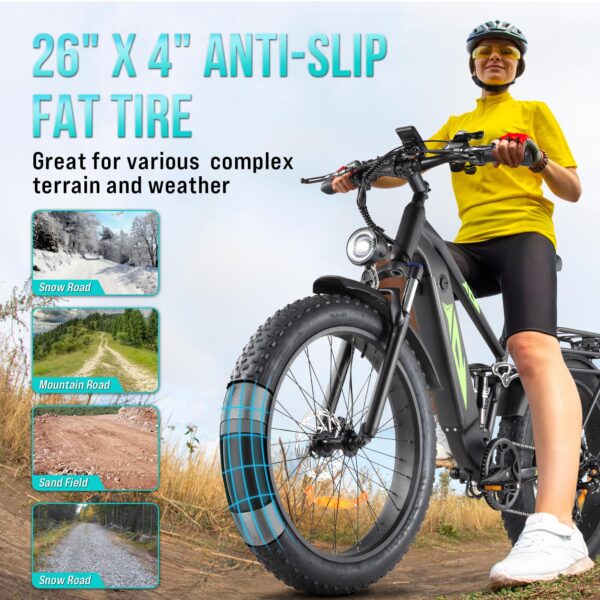Electric Bike for Adults 1000W, 48V 17.5AH Battery Adult Electric Bicycles, 26 Fat Tire Full Suspension Ebike, 28MPH Mountain Beach E Bike, 7 Speed, 60Miles Range, UL Certified - Image 14