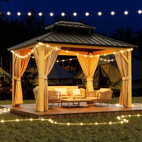 10X13 FT Outdoor Galvanised Steel Hardtop Gazebo, Heavy Duty Double Roof Outdoor Gazebo with Netting and Sunshade Curtains, Aluminium Framed Gazebo for Patio, Terrace, Lawn and Deck, Khaki - Image 10