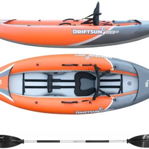 Driftsun Rover 120/220 Inflatable Tandem White-Water Kayak with High Pressure Floor and EVA Padded Seats with High Back Support, Includes Action Cam Mount, Aluminum Paddles, Pump and More