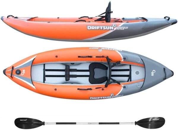 Driftsun Rover 120/220 Inflatable Tandem White-Water Kayak with High Pressure Floor and EVA Padded Seats with High Back Support, Includes Action Cam Mount, Aluminum Paddles, Pump and More