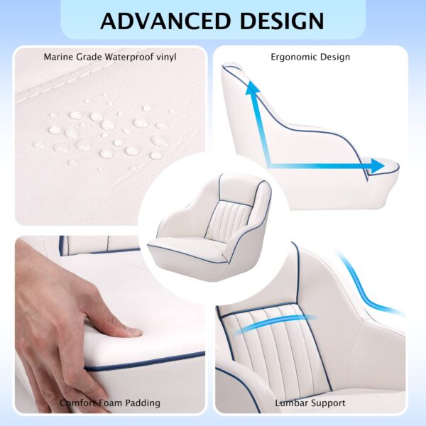 Pontoon Boat Seat, Captains Bucket Boat Seat, Back Folding Boat, Boat Cabin Seating – White & Blue - Image 10