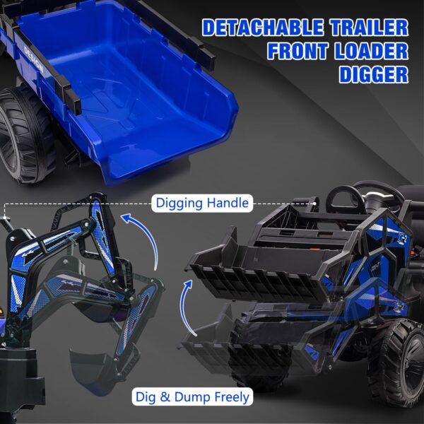 3-in-1 Ride-On Tractor, 24V Electric, Excavator & Bulldozer, Remote Control, LED, Music, USB/Bluetooth max 66 lbs – Bright-blue - Image 14