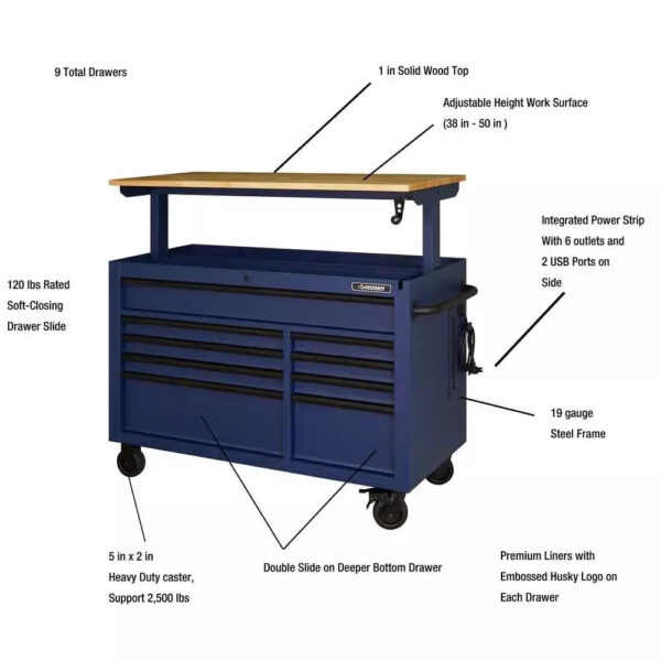 Heavy-Duty 52 in. 9-Drawer Mobile Workbench with Adjustable-Height Solid Wood Top in Matte Blue - Image 5
