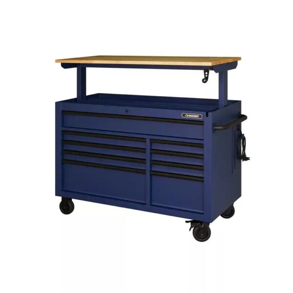 Heavy-Duty 52 in. 9-Drawer Mobile Workbench with Adjustable-Height Solid Wood Top in Matte Blue - Image 4