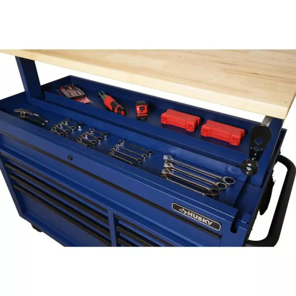 Heavy-Duty 52 in. 9-Drawer Mobile Workbench with Adjustable-Height Solid Wood Top in Matte Blue - Image 10