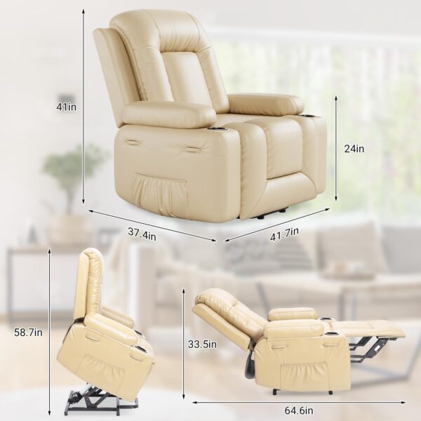 PU Leather Power Lift Recliner Chair With Massage and Heat, Adjustable Furniture for Back, Legs w/ 3 Positions, Usb Port, Side Pocket (Beige, 27 Seat Width+Cup Holders) - Image 14