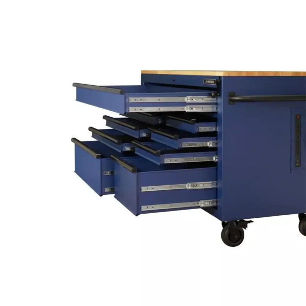 Heavy-Duty 52 in. 9-Drawer Mobile Workbench with Adjustable-Height Solid Wood Top in Matte Blue - Image 6