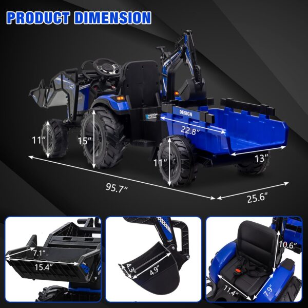 3-in-1 Ride-On Tractor, 24V Electric, Excavator & Bulldozer, Remote Control, LED, Music, USB/Bluetooth max 66 lbs – Bright-blue - Image 16