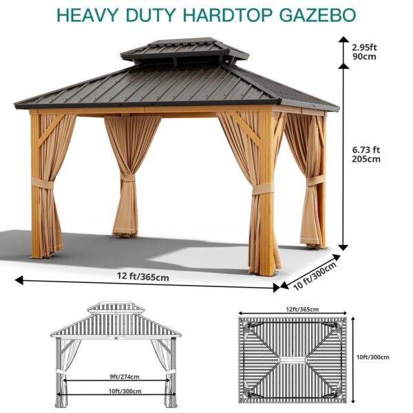 10X13 FT Outdoor Galvanised Steel Hardtop Gazebo, Heavy Duty Double Roof Outdoor Gazebo with Netting and Sunshade Curtains, Aluminium Framed Gazebo for Patio, Terrace, Lawn and Deck, Khaki - Image 11