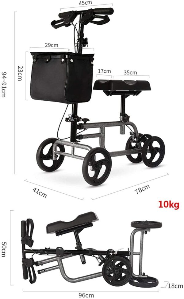 4 Wheels Knee Scooter Walker, All Terrain Rolling Steerable Adjusted Height Walking Aid with Storage Bags - Image 3