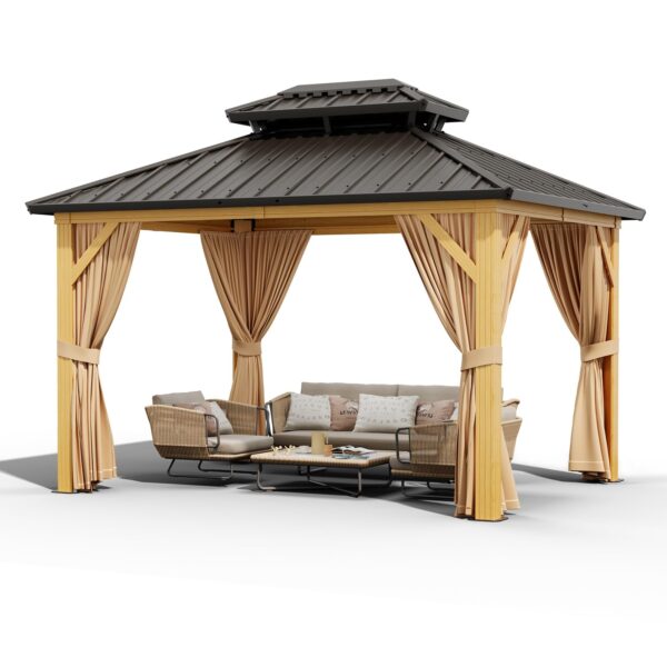 10X13 FT Outdoor Galvanised Steel Hardtop Gazebo, Heavy Duty Double Roof Outdoor Gazebo with Netting and Sunshade Curtains, Aluminium Framed Gazebo for Patio, Terrace, Lawn and Deck, Khaki - Image 8