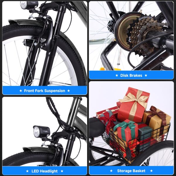 26 Inch Adult 3 Wheel Electric Tricycle with Basket, Fat Tires,7 Speeds,350W Powerful Motor, 36V 10Ah Removable Battery – Dark Gray - Image 13