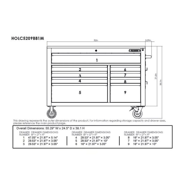 Heavy-Duty 52 in. 9-Drawer Mobile Workbench with Adjustable-Height Solid Wood Top in Matte Blue - Image 3