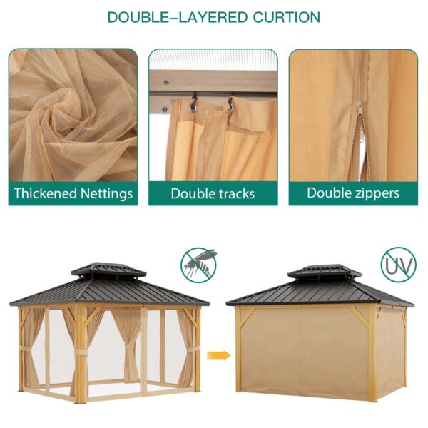 10X13 FT Outdoor Galvanised Steel Hardtop Gazebo, Heavy Duty Double Roof Outdoor Gazebo with Netting and Sunshade Curtains, Aluminium Framed Gazebo for Patio, Terrace, Lawn and Deck, Khaki - Image 12